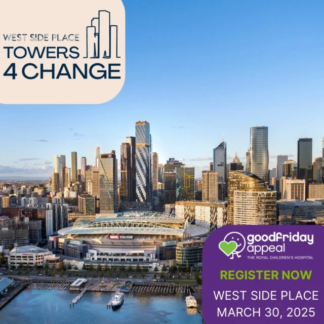 We are pleased to announce that the Good Friday Appeal is one of four charities to benefit from a world first vertical stair challenge at West Side Place on Sunday March 30, 2025.

This event provides a unique opportunity to ‘step up’ to support The Royal Children's Hospital by running, walking or crawling your way from the ground floor to the rooftop of tower 3. Are you up for the challenge?

You are invited to register for this event before tickets are made available to the general public on December 12. Registration is $55 and minimum fundraising of $55.

There is a maximum of 300 participants for Tower 3, so get in quick as this event will sell out!

Register via the link in our bio 💜

#towers4change